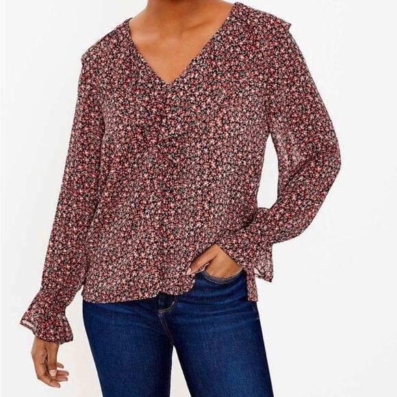[LOFT] Red Black Floral Print Ruffle Neck Long Sleeve V-Neck Blouse Size Large L - Picture 11 of 11